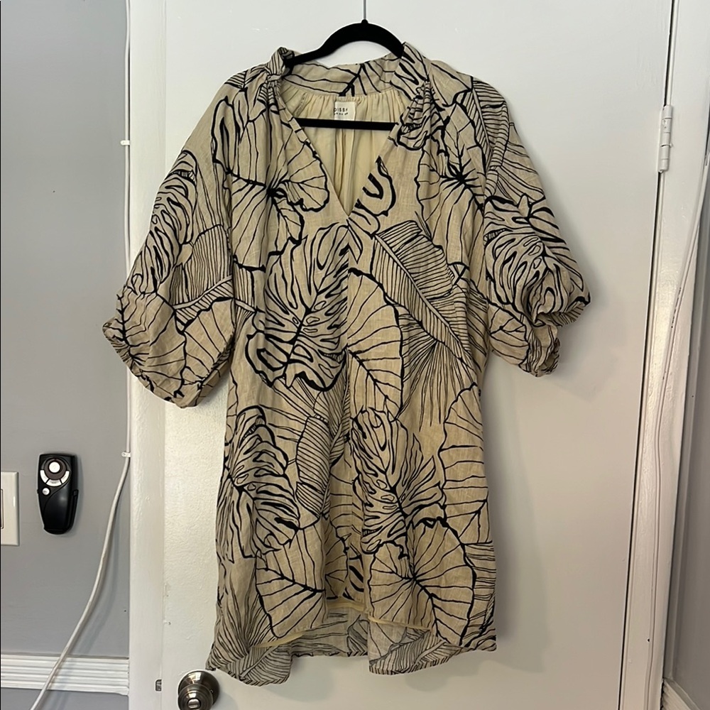 DISSH Beige Mini Dress with Black Leaf Print